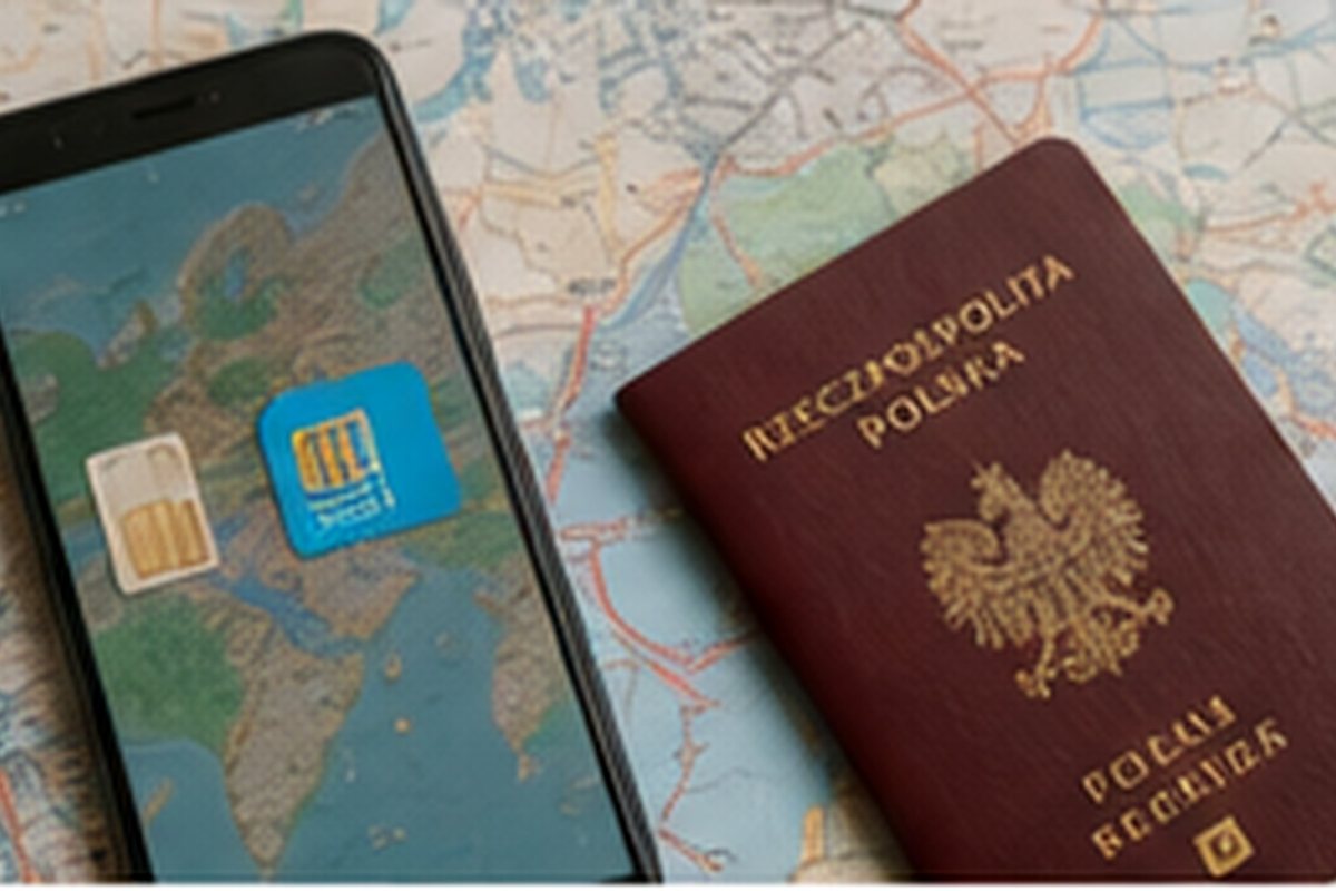 Polski paszport, telefon i karta SIM ułożone na mapie podróży